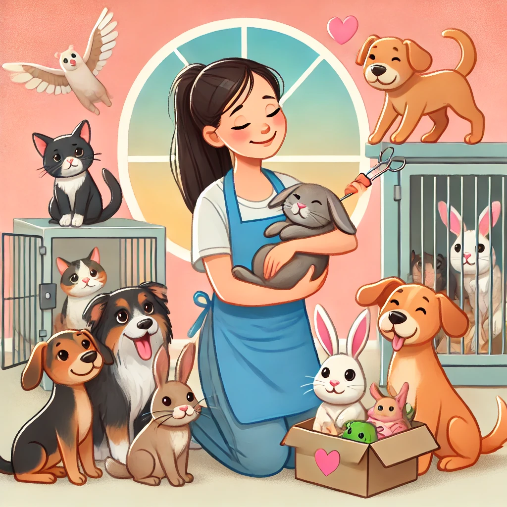 여자가 여러종류의 반려동물을 돌보고 있는 그림