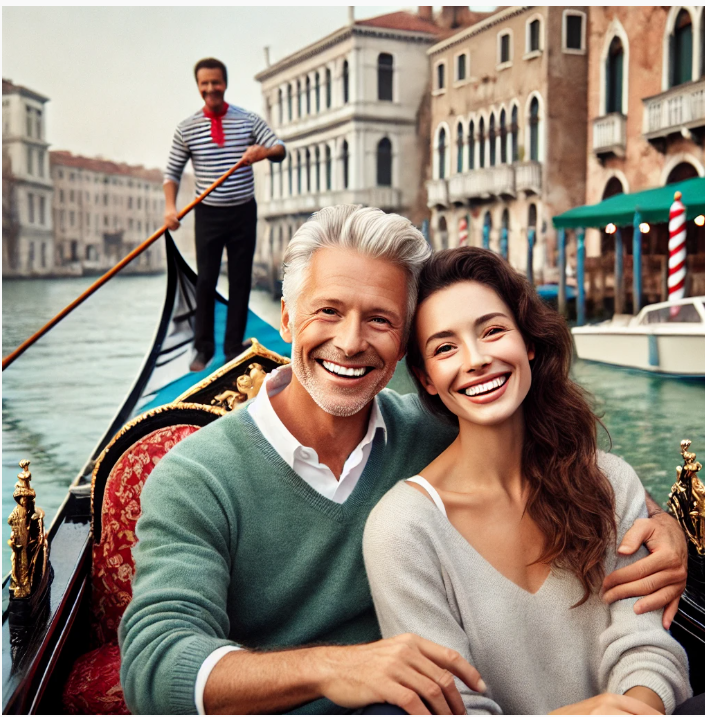 유럽 베네치아에서 곤돌라를 타고 활짝 웃는 은퇴한 부부