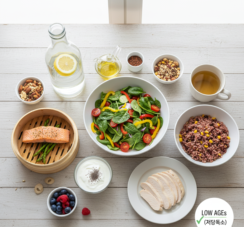 갱년기 저속 노화 예방에 좋은 저당독소 식단 &ndash; 연어&amp;#44; 시금치샐러드&amp;#44; 현미&amp;#44; 견과류&amp;#44; 그린티 구성