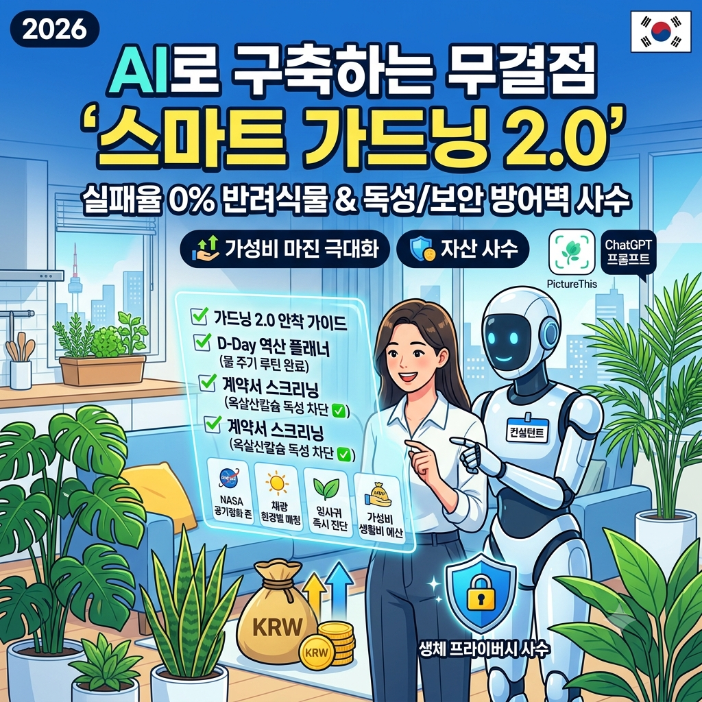 가정의 채광 및 온습도 데이터를 분석해 실패율 0% 반려식물을 추천하고 잎사귀 사진으로 병충해를 진단하는 등 AI 기술을 활용한 '스마트 가드닝 2.0' 안착 가이드와 실전 프롬프트 5종 세트, 그리고 필수 독성/정보보안 지침을 완벽하게 정리한 섬네일 이미지입니다.