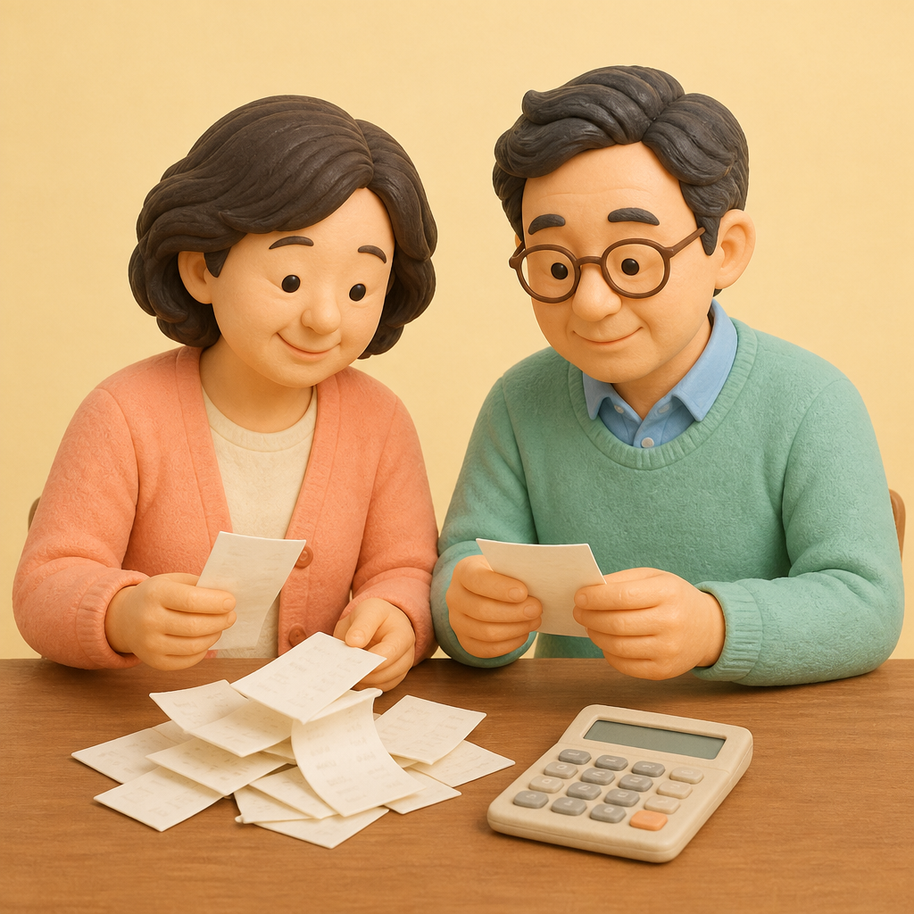 부엌 식탁에서 계산기와 영수증 묶음을 정리하는 중년 부부