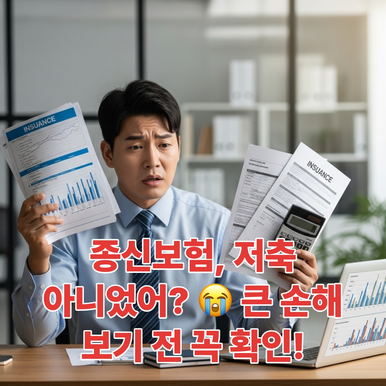 종신보험 약관을 보며 복잡한 표정을 짓는 40대 남성, 종신보험을 저축성으로 오해하여 손해 본 상황을 나타내는 이미지