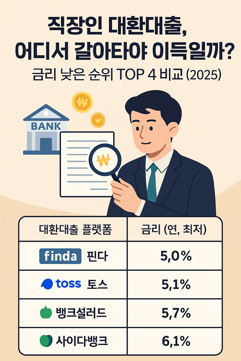 2025년 직장인을 위한 대환대출 플랫폼 금리 비교 순위 인포그래픽
