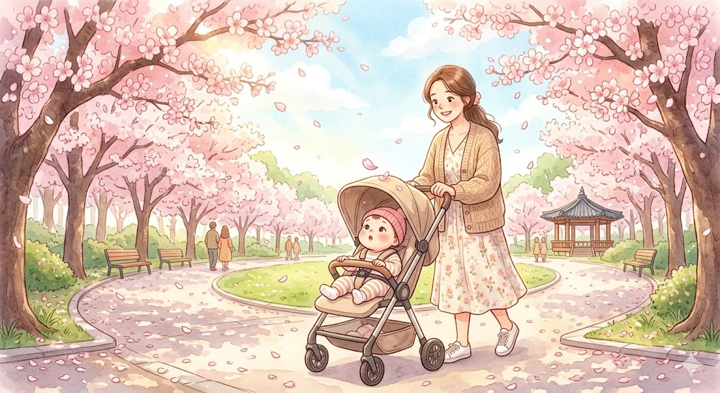 A mother pushing a stroller with a wide-eyed baby under a cherry blossom tunnel in a Seoul city park, with soft pink petals gently falling on a warm spring day.