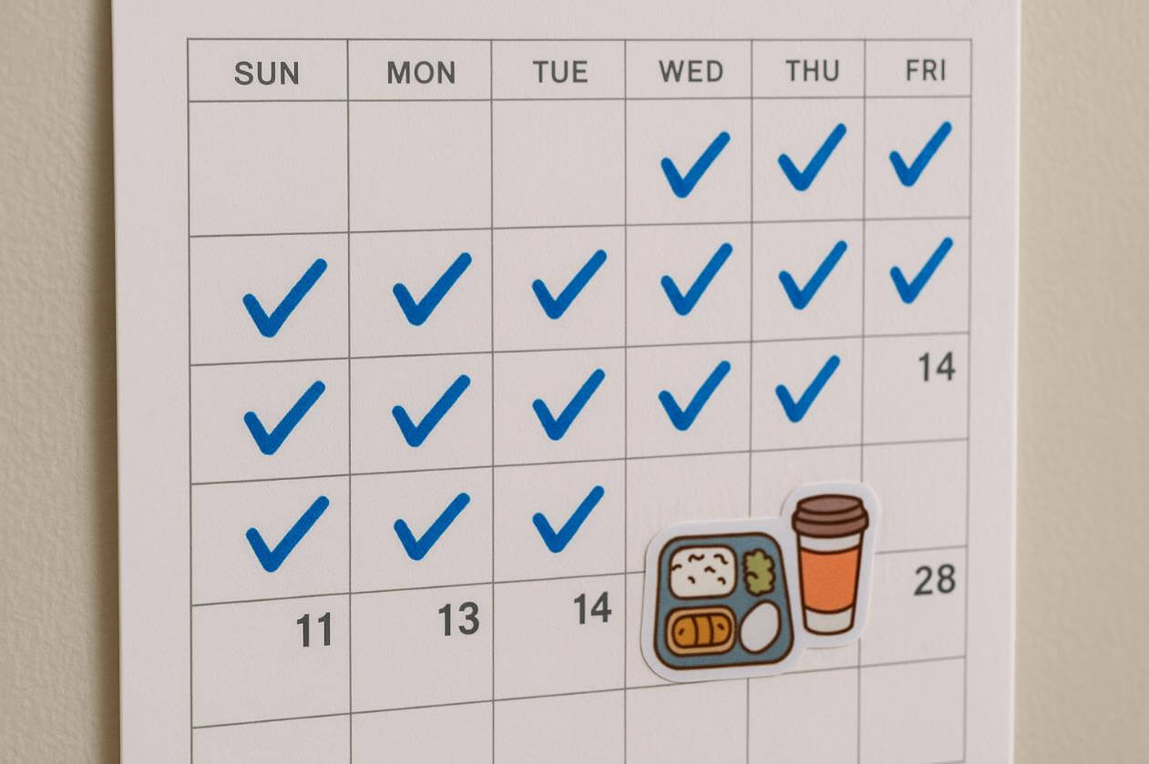 달력에 파란 체크 표시와 도시락&middot;커피 스티커가 붙은 모습.