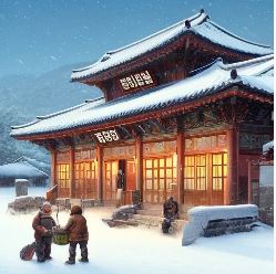 눈이 많이 쌓여있는 마당의 모습