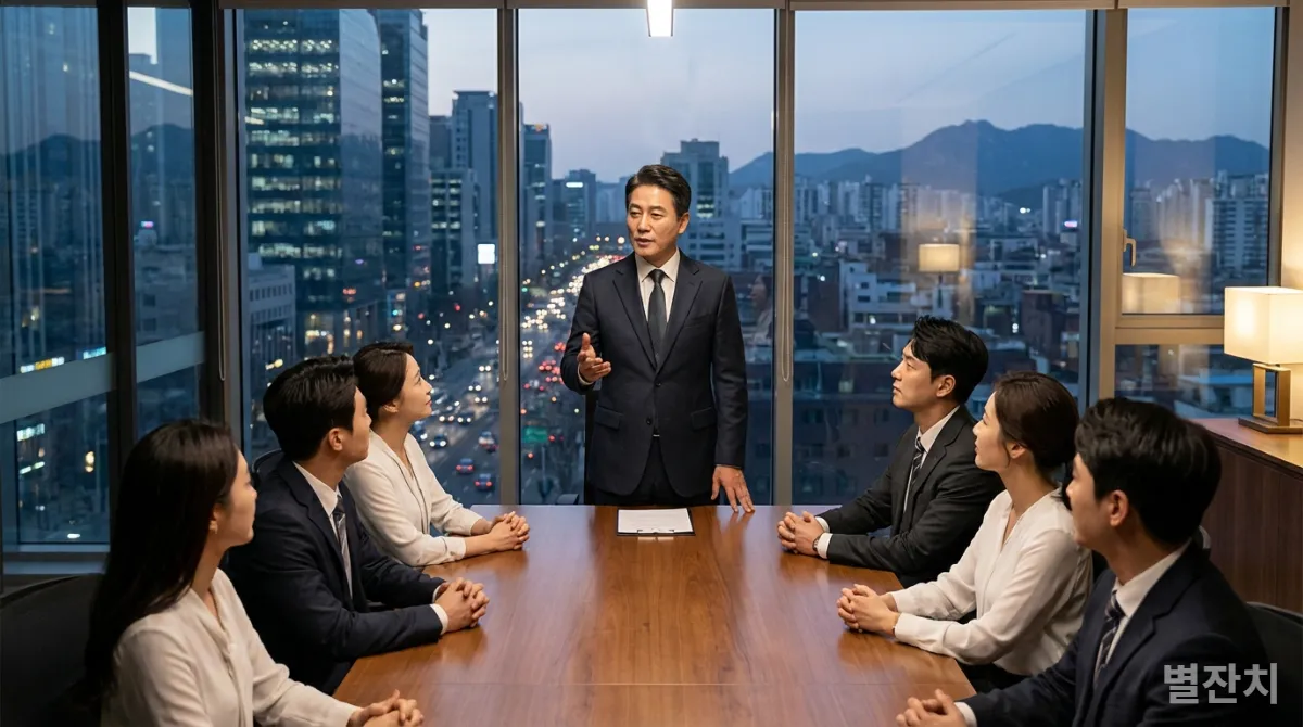 현대 한국 사무실에서 카리스마 넘치는 CEO가 직원들을 이끄는 모습. 나폴레옹의 중앙집권적 리더십을 상징.