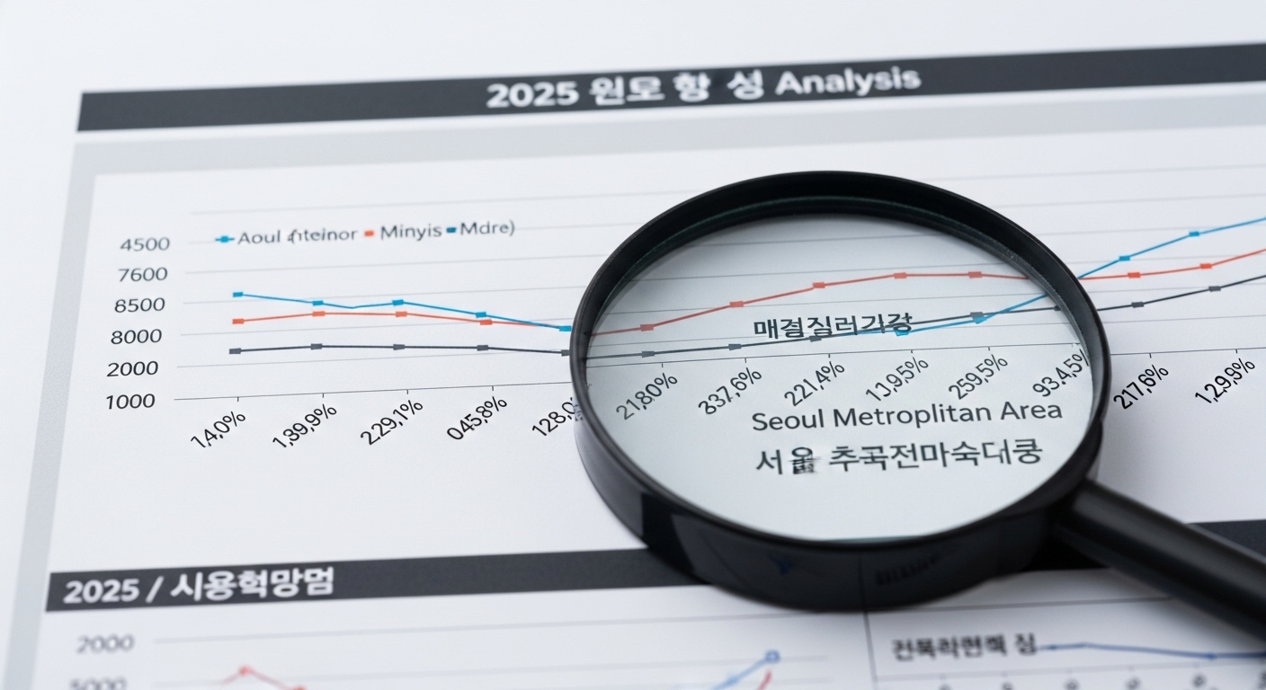 2025년 부동산 시장 동향 보고서와 돋보기를 통해 수도권 양극화 현상을 분석하는 이미지