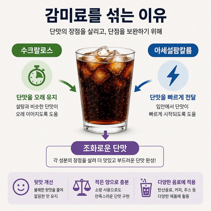 서로 다른 감미료를 조합해 제로 음료의 단맛을 만드는 과정을 표현한 인포그래픽