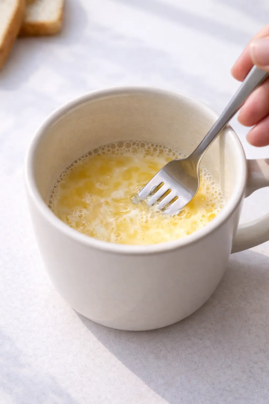 머그컵에서 포크로 계란물(계란+우유+설탕)을 섞는 과정