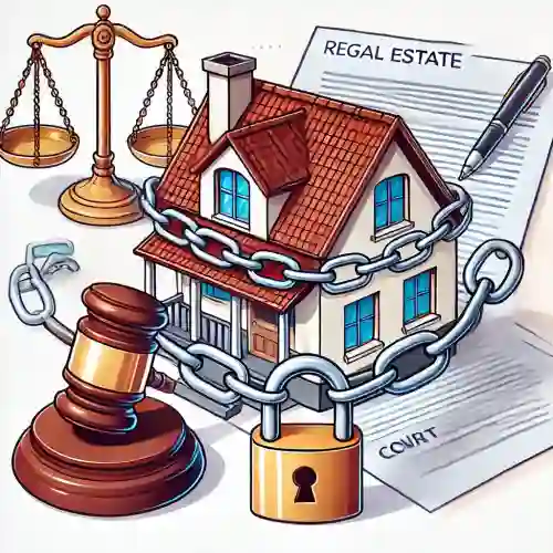 법적 제한으로 인해 체인과 자물쇠로 묶인 부동산- 가압류된 부동산을 의미한다.