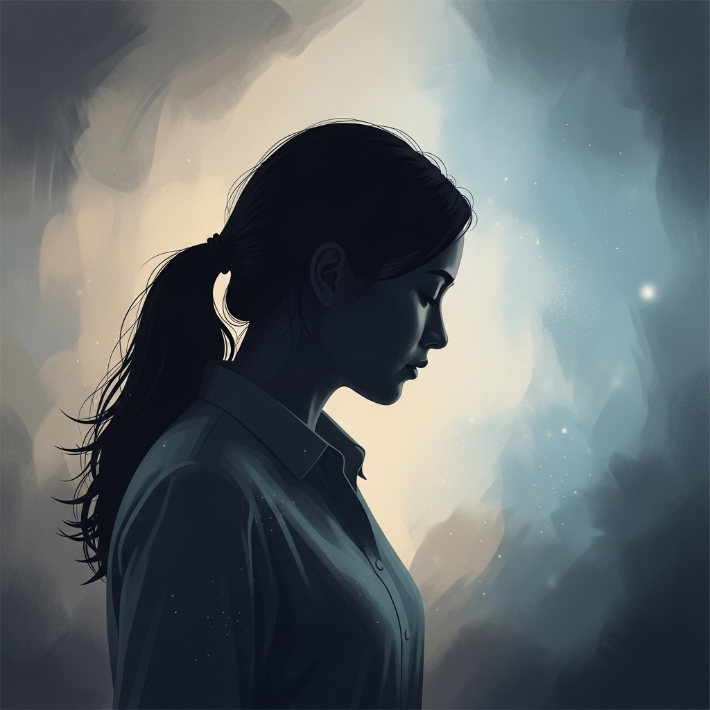 관계 후 출혈에 대해 고민하는 여성의 실루엣 이미지. 부드러운 푸른색과 회색 배경이 차분하고 사려 깊은 분위기를 연출하며 여성 건강에 대한 관심을 표현합니다.