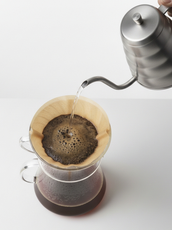 드리퍼 안에 물이 다 빠지기 전에 추가 푸어하는 모습