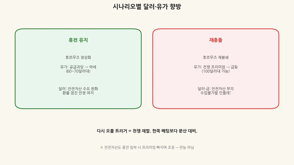 미국 이란 휴전 유지와 재충돌 시나리오별 달러 유가 전망 요약