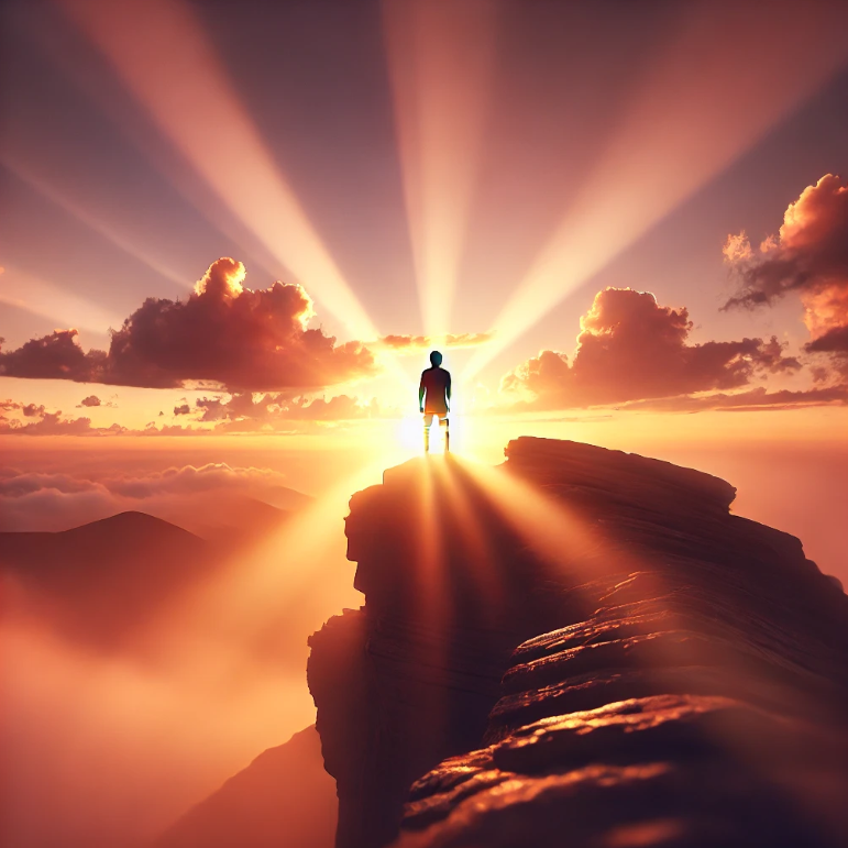 A silhouette of a person standing at the edge of a cliff at sunrise, with light rays symbolizing hope and future, soft focus and inspirational feel