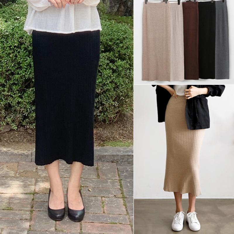 쫀쫀 밴딩 뒤트임 H라인 골지 니트 롱 스커트 블랙 베이지 그레이