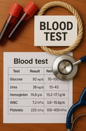 혈액검사리스트와혈액이담긴병과청진기