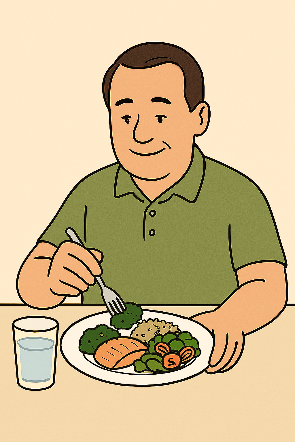 중년 남성이 DASH식단으로 식사를 하는 모습 접시에는 연어, 브로콜리, 잡곡밥, 샐로드가 있음