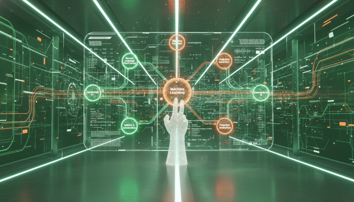 2025년 인공지능 기술 트렌드를 상징하는 녹색과 주황색 톤의 미래지향적 디지털 홀로그램 이미지