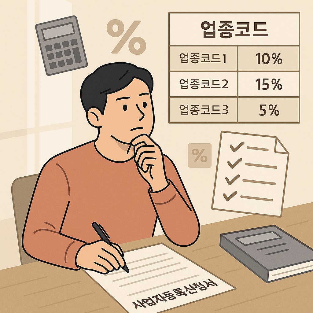 사업자등록을 하며 업종코드 차트를 비교하고 절세 가능한 코드를 고민하는 장면
