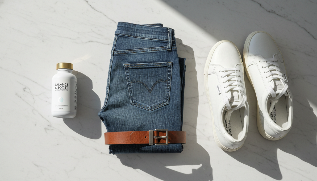 블루 그레이 스키니 진과 하체 다이어트 보조제가 세팅된 감성적인 패션 뷰티 플랫레이