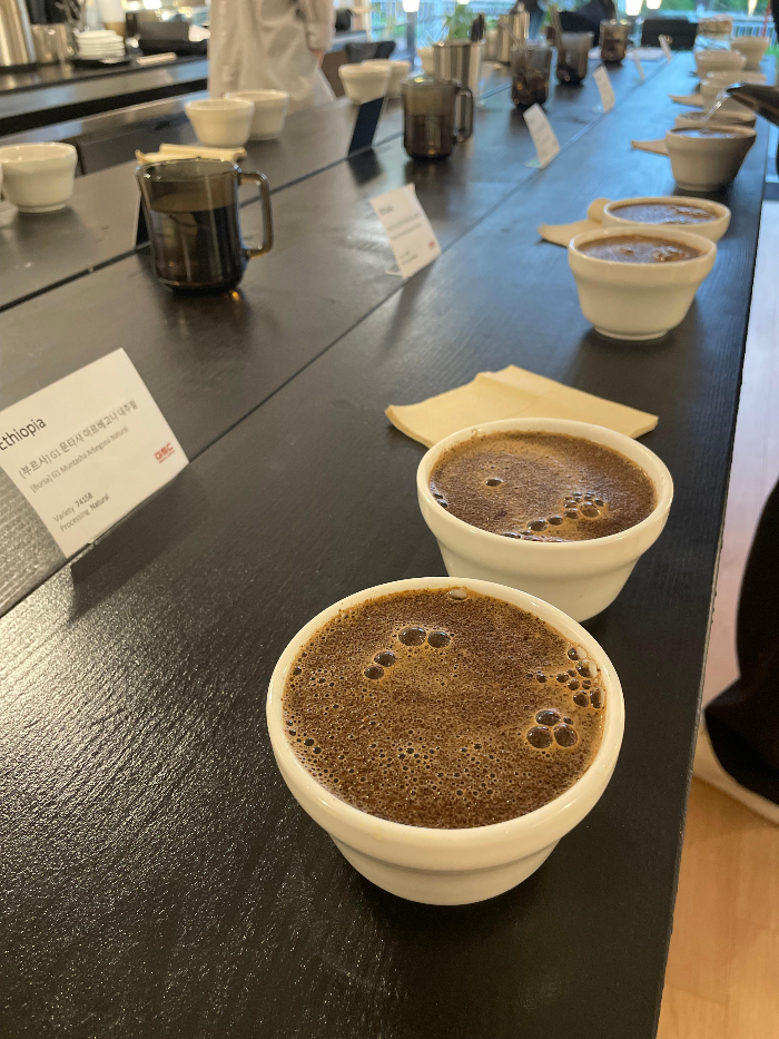 긴 테이블 중앙에 커핑용 린스컵이 놓여 있고 양쪽으로 커핑 볼이 배열되어 있으며, 참가자들이 커피 향미를 평가하기 위해 커핑을 진행하고 있다