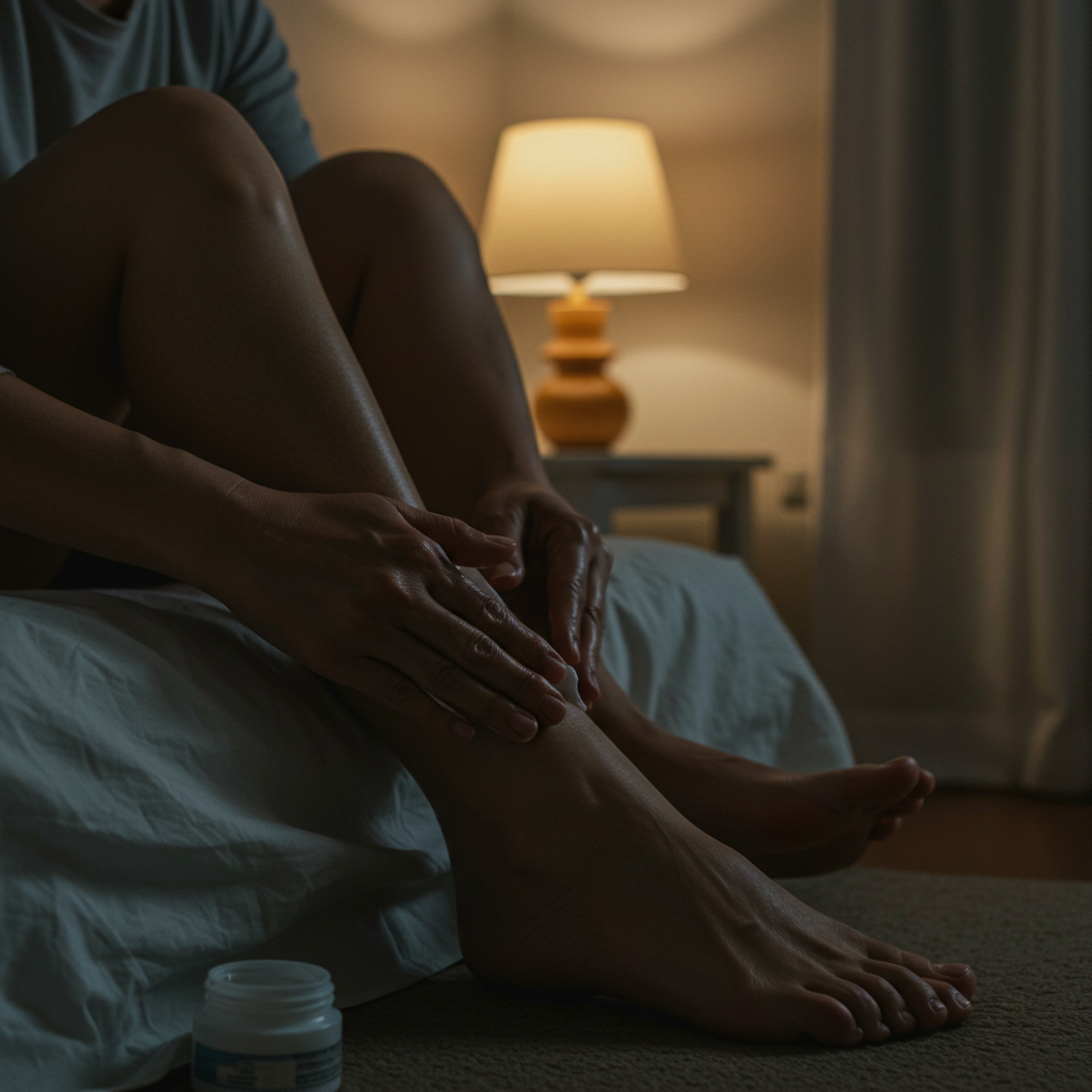 당뇨 합병증 예방을 위해 잠들기 전, 자신의 발에 정성스럽게 보습 크림을 바르는 모습