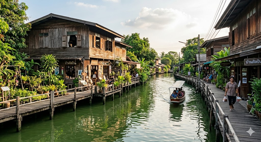 Peaceful canal view of Khlong Bang Luang Artist Village with traditional wooden houses