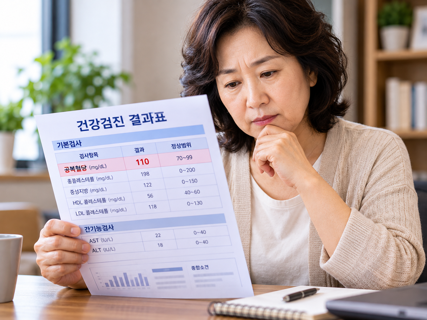 건강검진 결과표에서 공복혈당 수치를 확인하는 40~50대 성인의 모습의 이미지