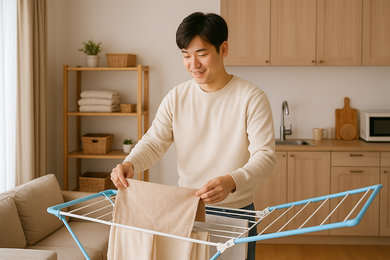 빨래 정리하고 있는 남자모습