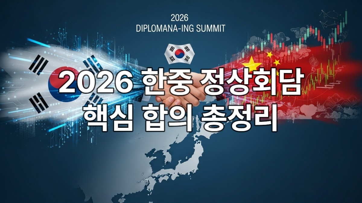 2026년 한중 정상회담을 상징하는 추상적인 이미지. 한중 양국 국기가 기술과 경제를 상징하는 요소들과 조화롭게 배치되어 있고, 중앙에서 두 손이 악수를 하려는 모습이 한반도 지도 위로 보인다. 외교적 협력과 경제적 논의를 시사하는 파란색과 회색 톤의 현대적인 디자인.