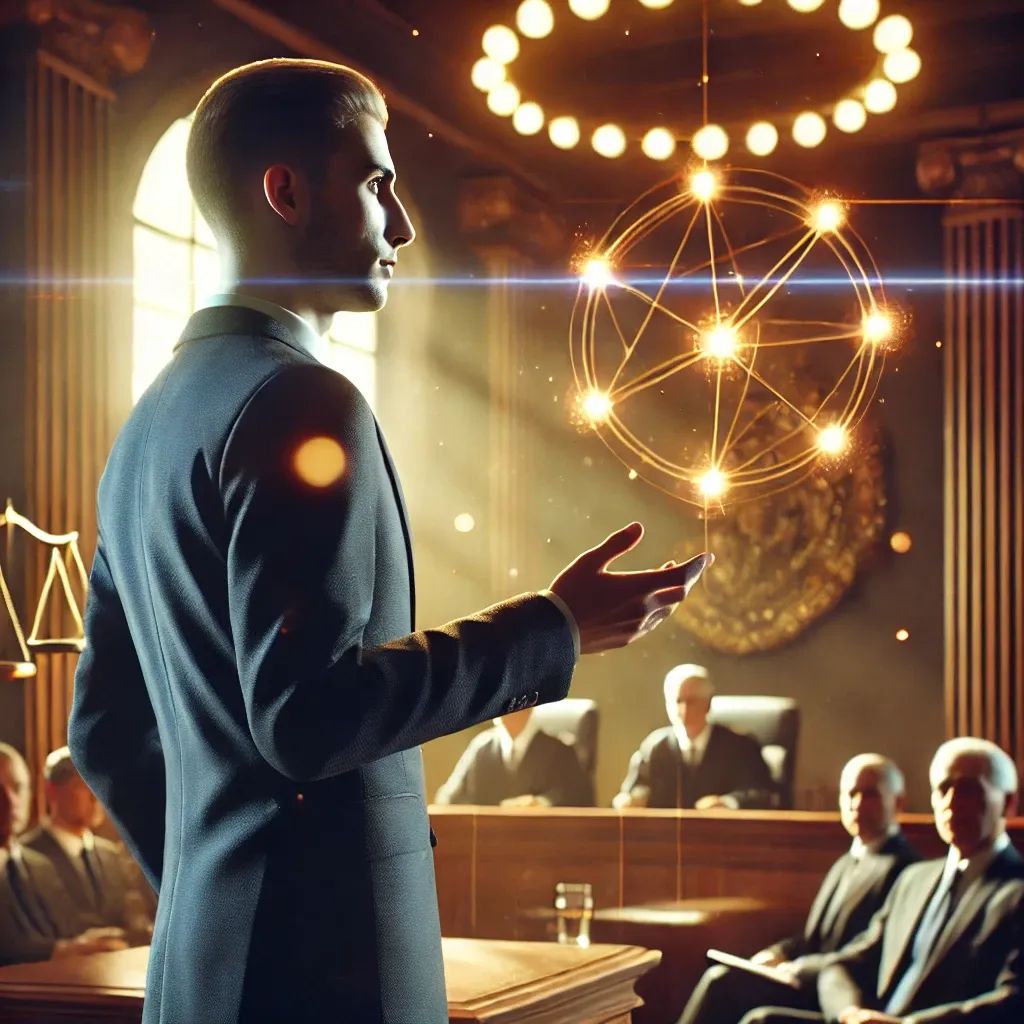 변호사가 법정에서 빛 밝기 문제와 관련된 증거를 제시하는 모습