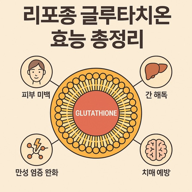 리포좀 글루타치온의 주요 효능(피부 미백, 간 해독, 만성 염증 완화, 치매 예방)을 한눈에 보여주는 2D 인포그래픽(출처: 자체제작)