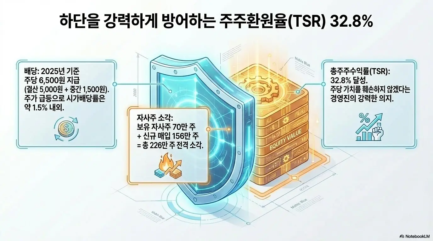 현대모비스 주가 전망: &amp;#39;하단을 강력하게 방어하는 주주환원율 TSR 32.8%&amp;#39;라는 문구가 포함된 인포그래픽 이미지. 이 이미지는 현대모비스의 2025년 배당금 6500원과 자사주 226만주 소각&amp;#44; 총주주수익률 32.8%의 주주환원 정책을 시각적으로 전달하며&amp;#44; 블로그의 현대모비스 주가 전망과 관련된 내용을 설명함