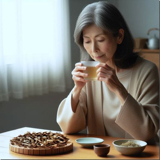 가지더부살이 복용법과 부작용, 가지더부살이 차 마시는 여성 사진