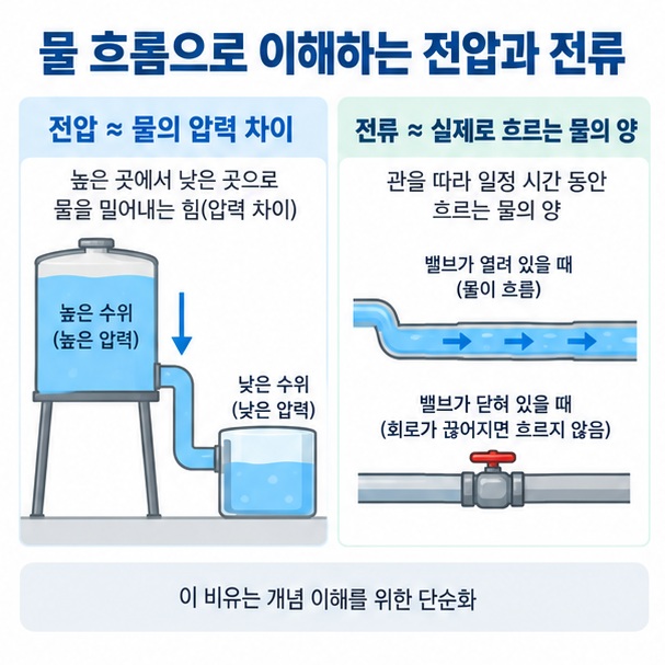 전압을 물의 압력 차이, 전류를 관을 실제로 흐르는 물의 양에 비유해 설명한 이미지