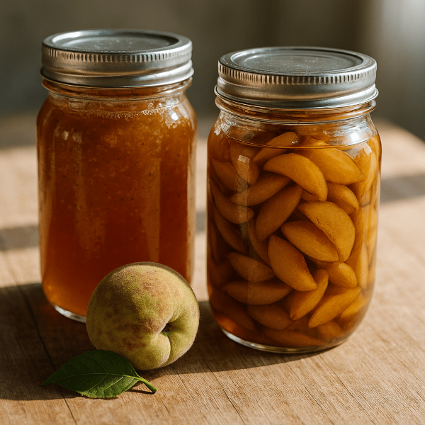 유리병에 담긴 복숭아 잼과 개복숭아 장아찌, 개복숭아 사진