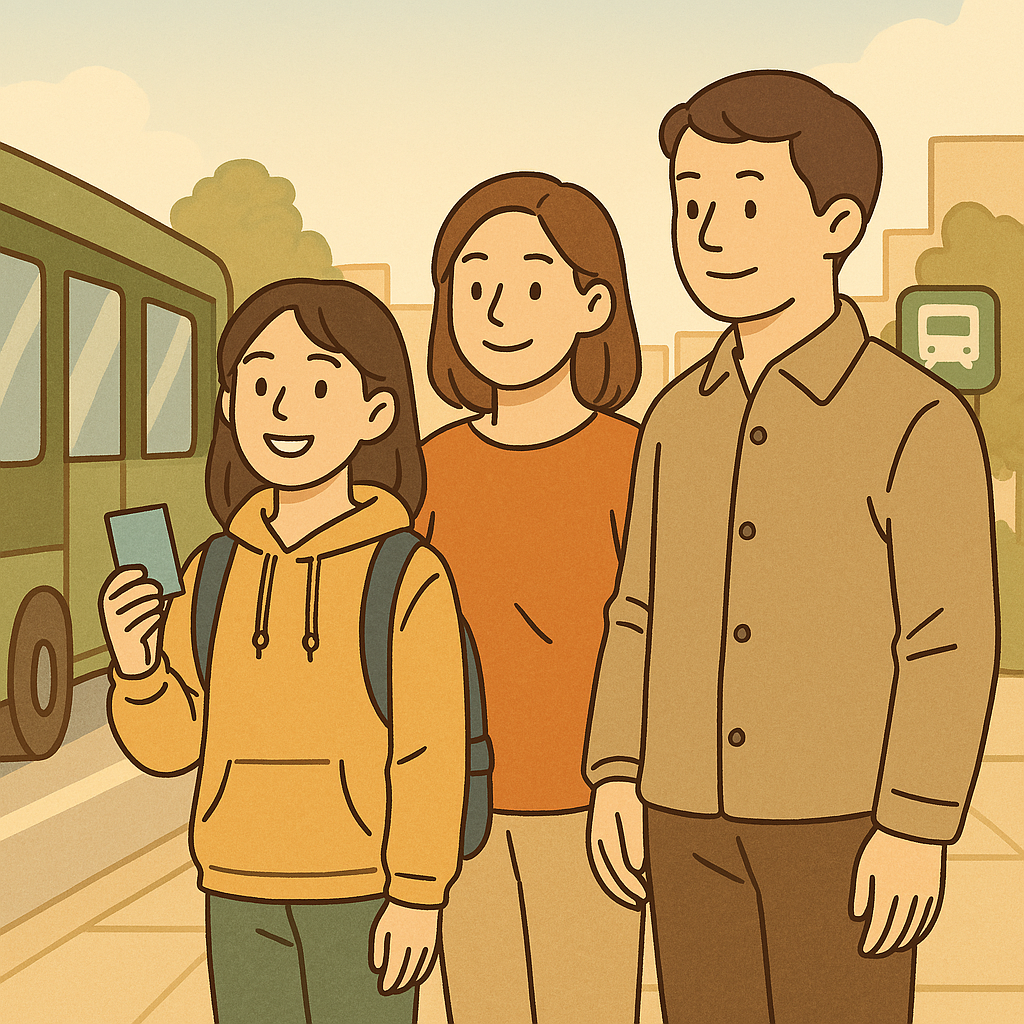 어린이 딸과 버스를 타려고 기다리는 부모 일러스트