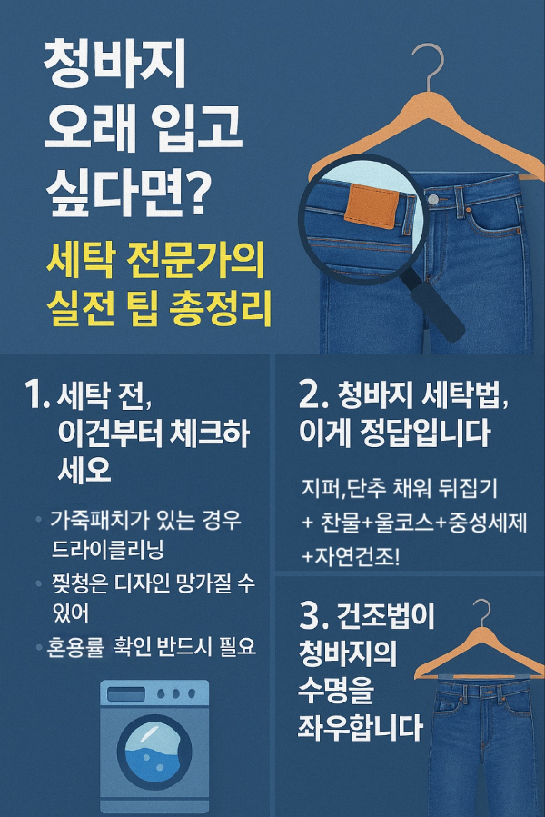 청바지 세탁 전 확인사항, 세탁방법, 건조법까지 3단 구성으로 정리된 카드뉴스 이미지. 가죽패치, 찢청, 울코스 세탁, 자연건조에 대한 설명 포함.