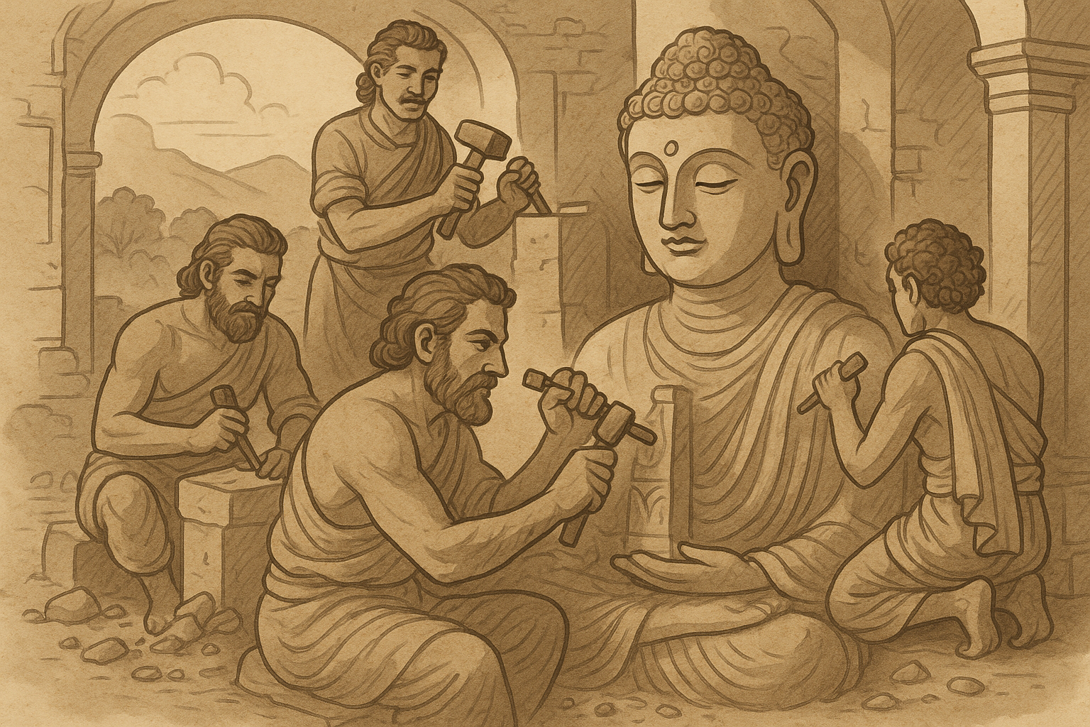 간다라 장인들이 석재를 다듬고 조각을 제작하는 현장 풍경