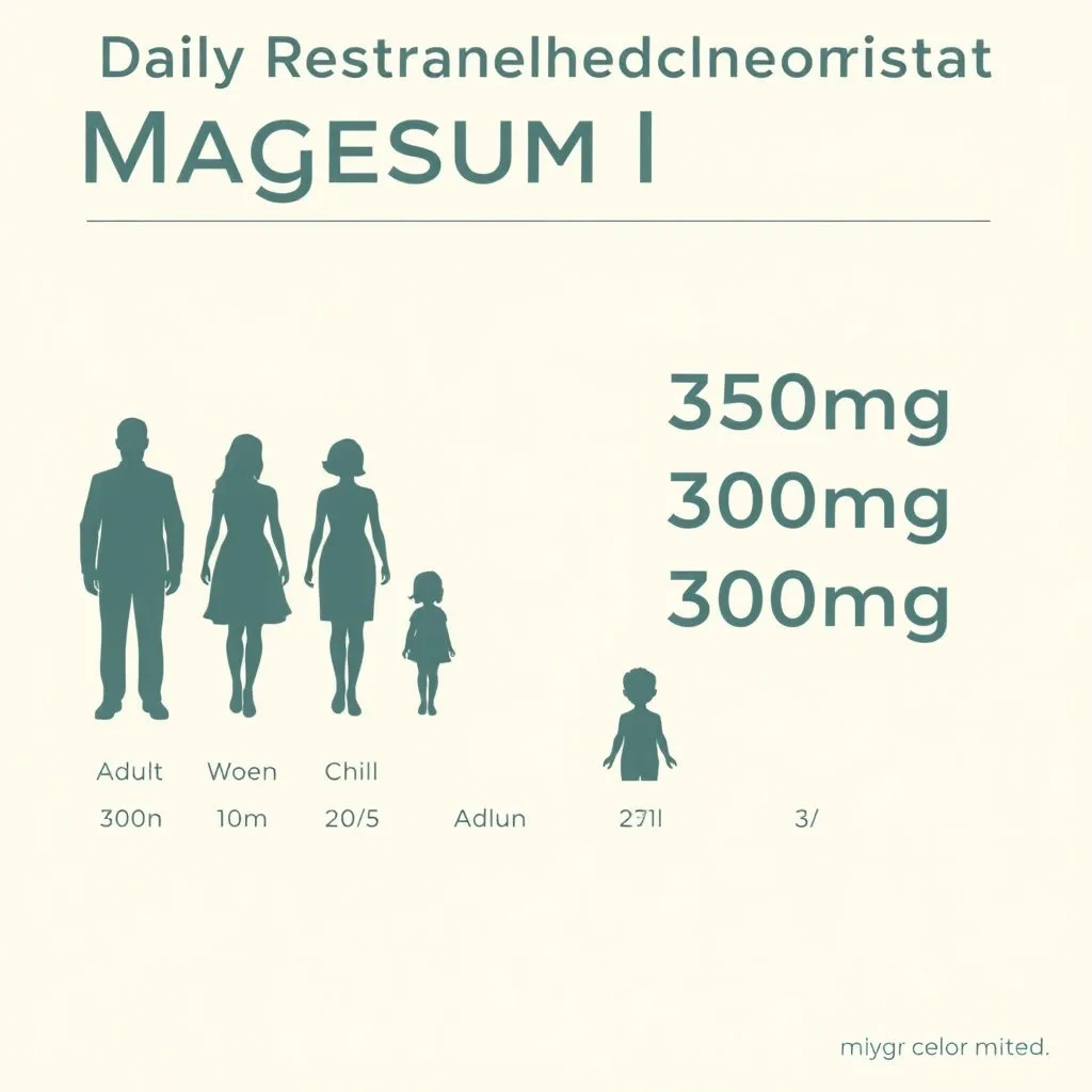 남성과 여성, 그리고 성인과 어린이의 실루엣이 구분되어 있고, 각 실루엣 옆에 해당 그룹의 마그네슘 일일 권장 섭취량(예: 성인 남성 350mg)이 숫자로 표시되어 있습니다. 보기 쉬운 인포그래픽 형태로 디자인합니다.