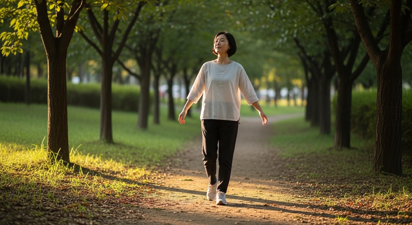 스트레스를 완화하고 생활 균형을 회복하기 위해 산책하는 한국 중년 여성