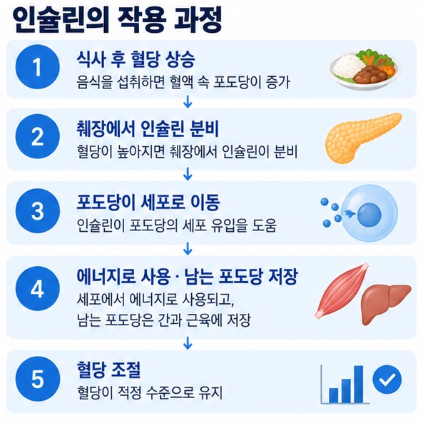 식사 후 혈당 상승부터 인슐린 분비 포도당 세포 이동 혈당 조절까지 과정을 보여주는 이미지