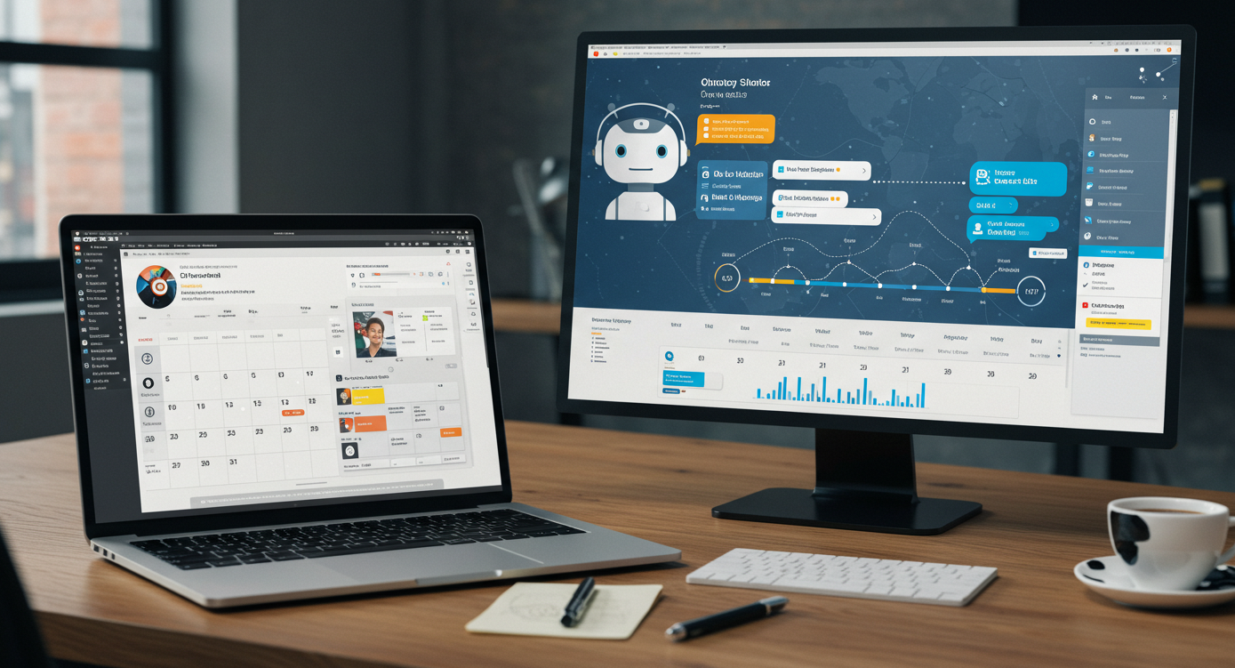 모니터에 AI프로그램이 켜져 있고, 노트북에는 일정관리가 켜져있다.