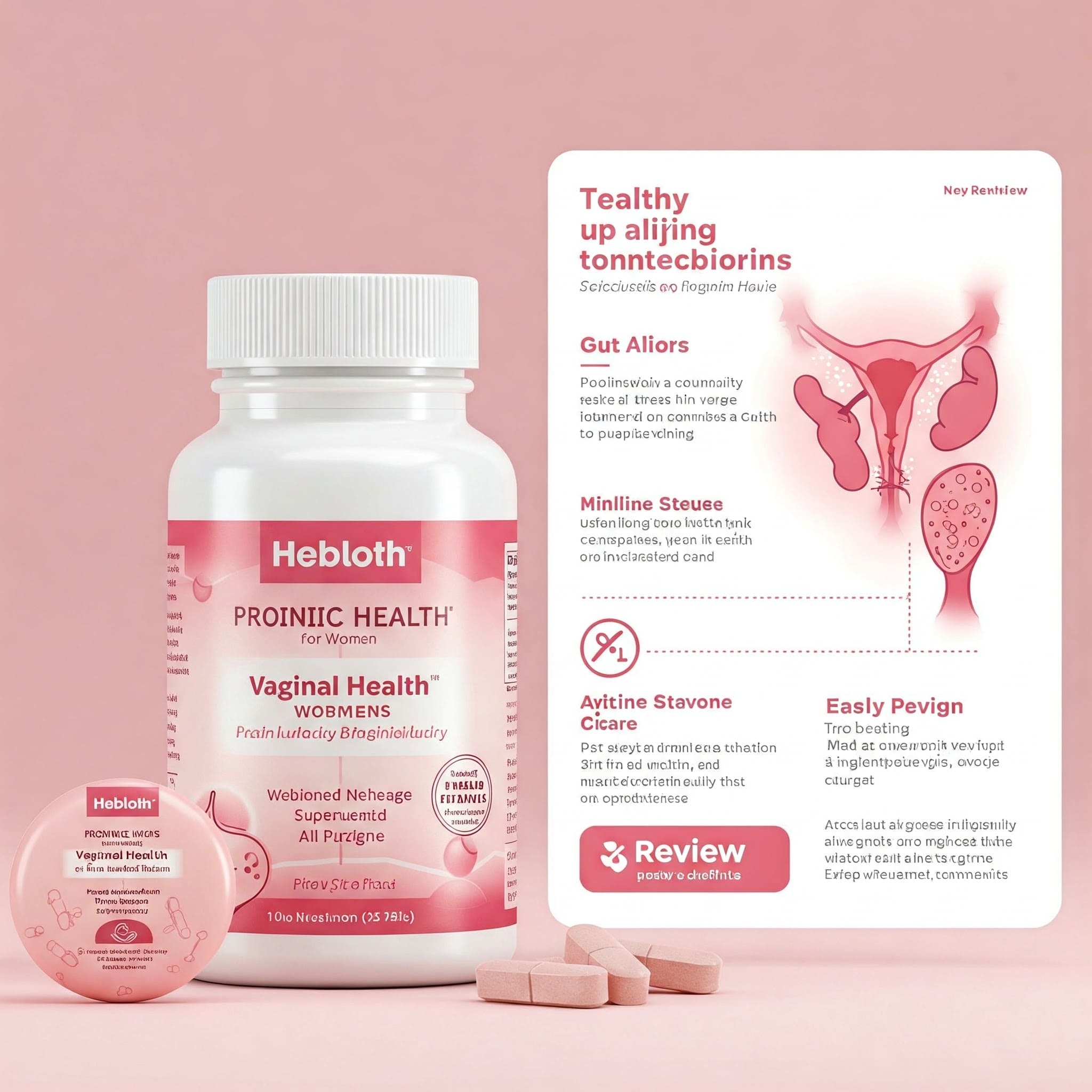 여성 맞춤 유산균 제품 이미지 + 질 건강/장 건강 관련 인포그래픽 + 복용법 아이콘 + 후기 키워드 워드클라우드 구성, 핑크&화이트 톤