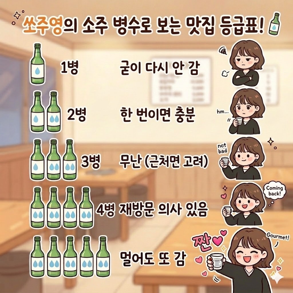 쏘주영의 소주 병수로 알아보는 맛집 등급표: 갓잇 송리단길점 4병