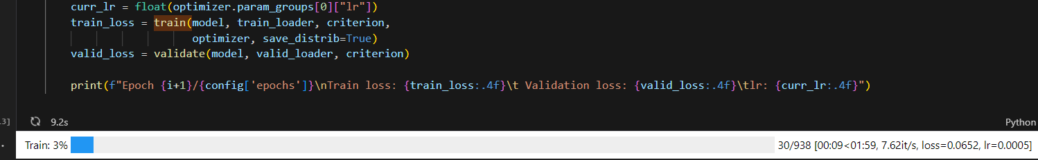 train_loss = train(model, train_loader, criterion, 
 optimizer, save_distrib=True)
 valid_loss = validate(model, valid_loader, criterion)

 print(f"Epoch {i+1}/{config['epochs']}\nTrain loss: {train_loss:.4f}\t Validation loss: {valid_loss:.4f}\tlr: {curr_lr:.4f}")
