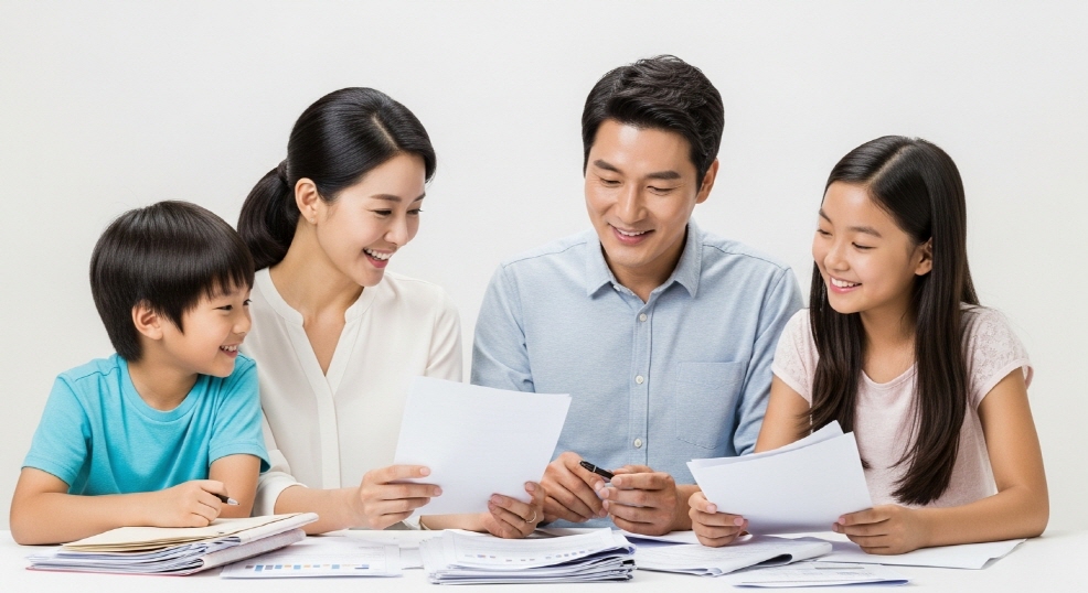 밝은 조명 아래 한국인 가족이 웃으며 식탁에서 서류를 정리하는 장면
