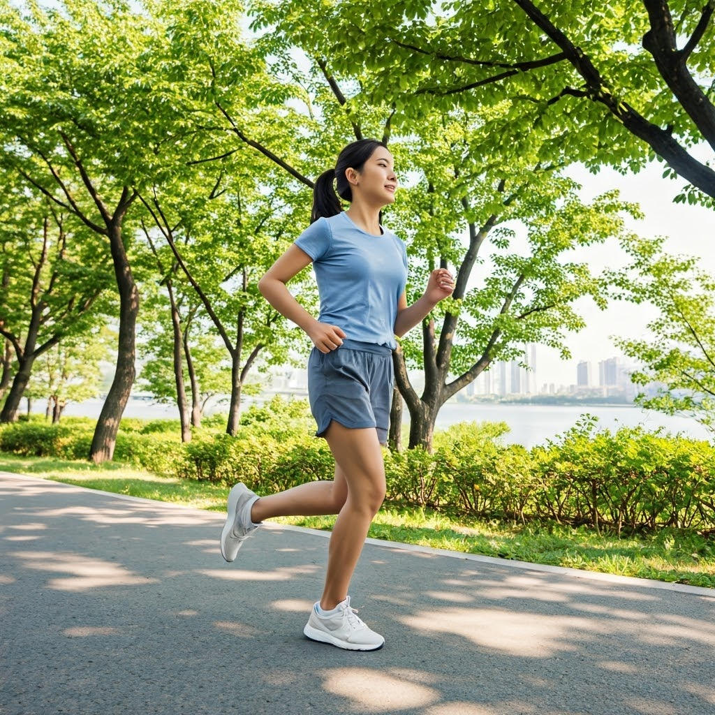 아침 공복으로 한강공원으로 러닝하고 있는 여성 사진