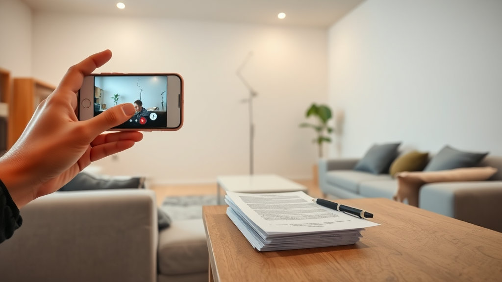 아파트 내부 거실 벽에 작은 균열이 보이는 장면